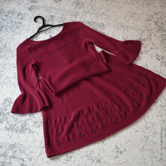 Nic & Zoe Burgundy Illusion Twirl Knit Sweater Dress Womens Size XS Bell Sleeves - Picture 12 of 15